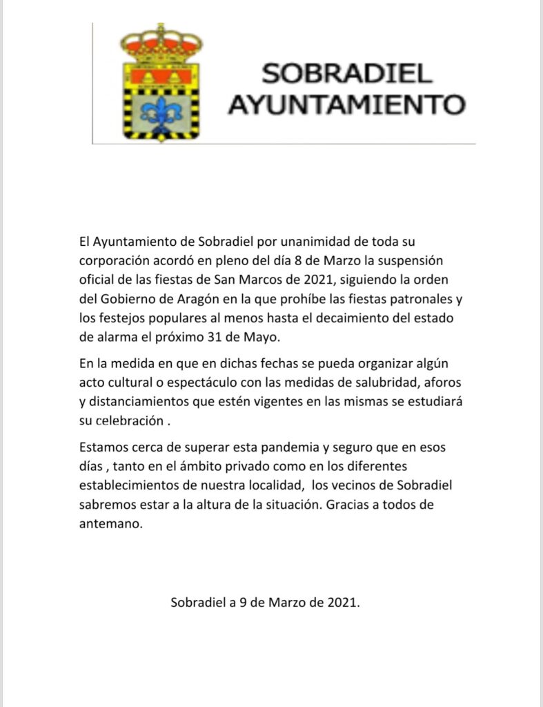 Suspensión fiestas patronales San Marcos 2021